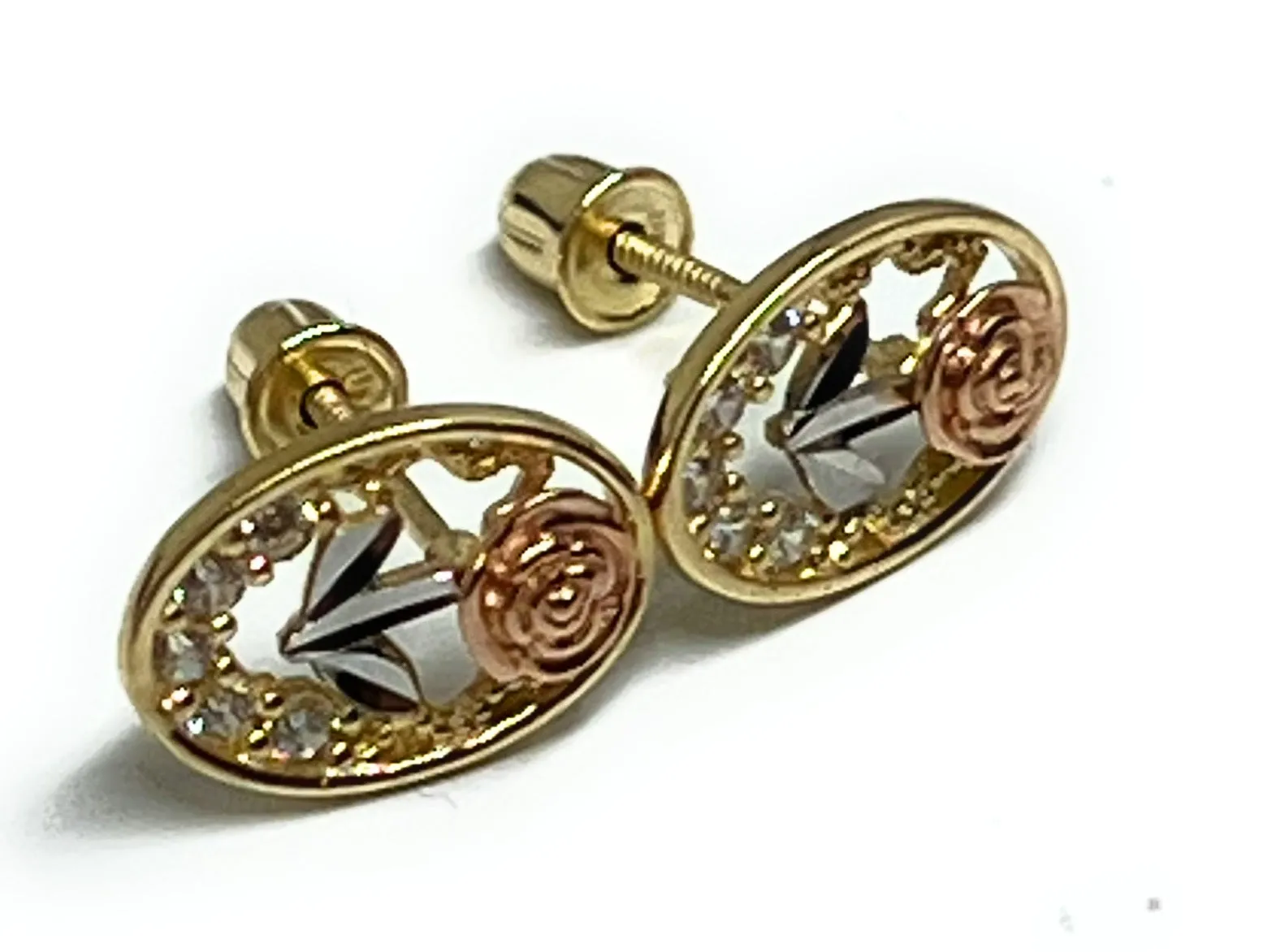 10k Solid Gold Tri-Color Flower Mini Dainty CZ Stud Earrings (FCE 11)