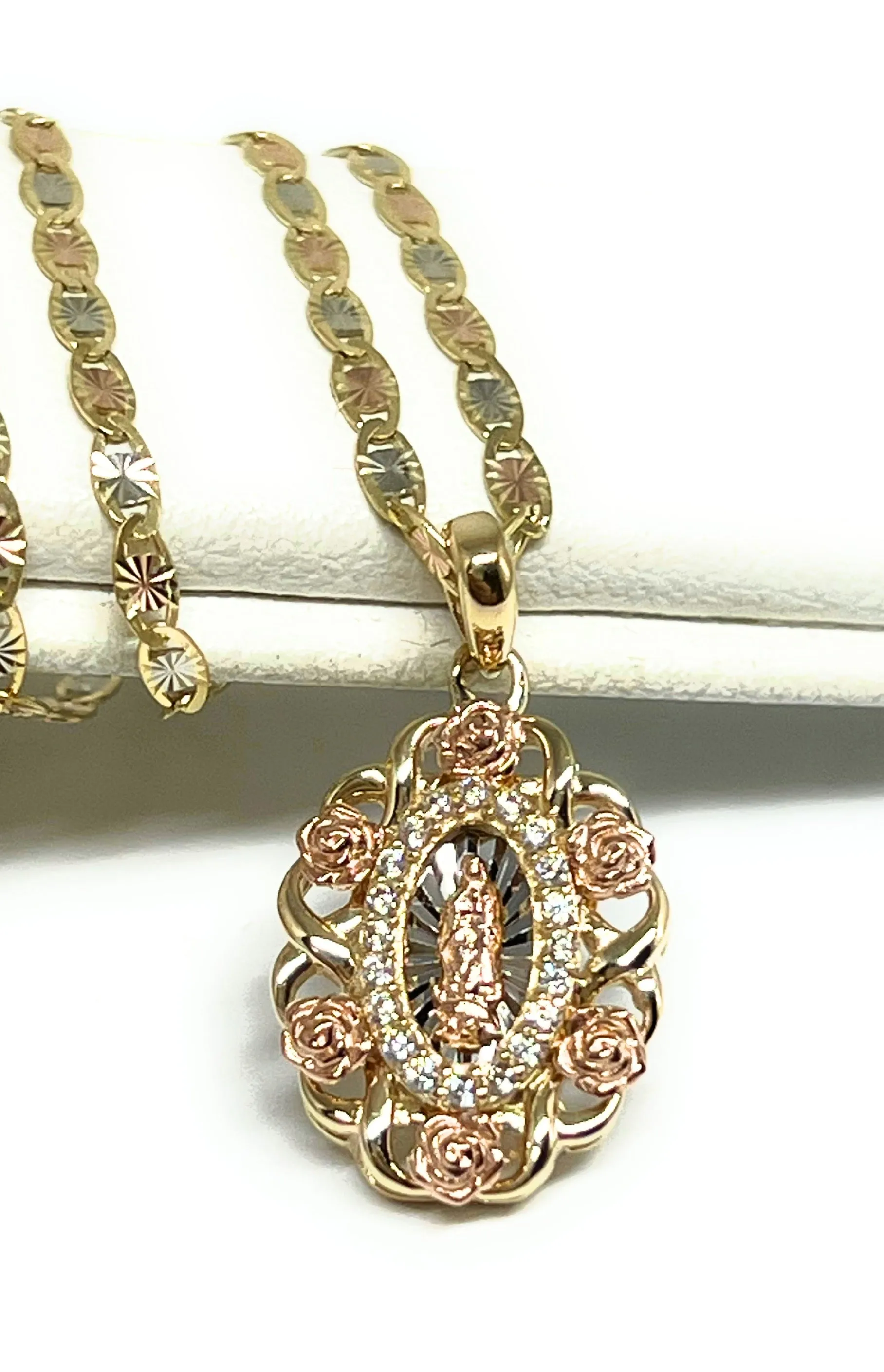 10k Solid Gold Tri-Color Virrgin Mary Flower CZ SMALL MINI Pendant Necklace Virrgen Gaudalupe (SM) (FC)