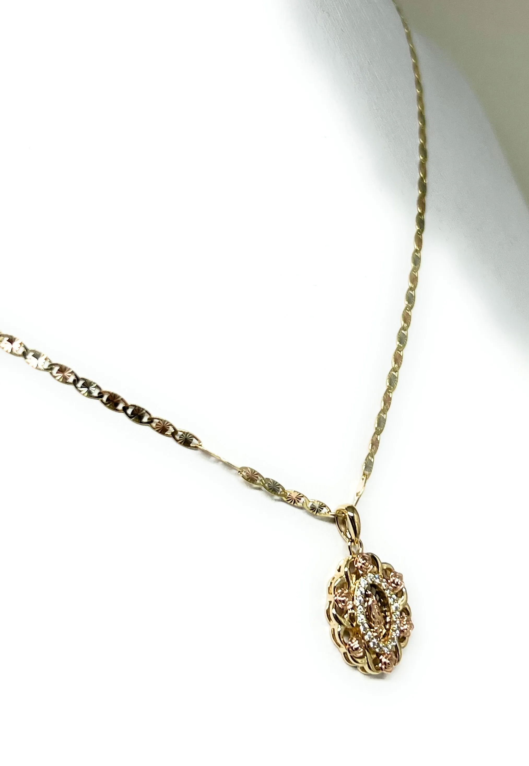 10k Solid Gold Tri-Color Virrgin Mary Flower CZ SMALL MINI Pendant Necklace Virrgen Gaudalupe (SM) (FC)