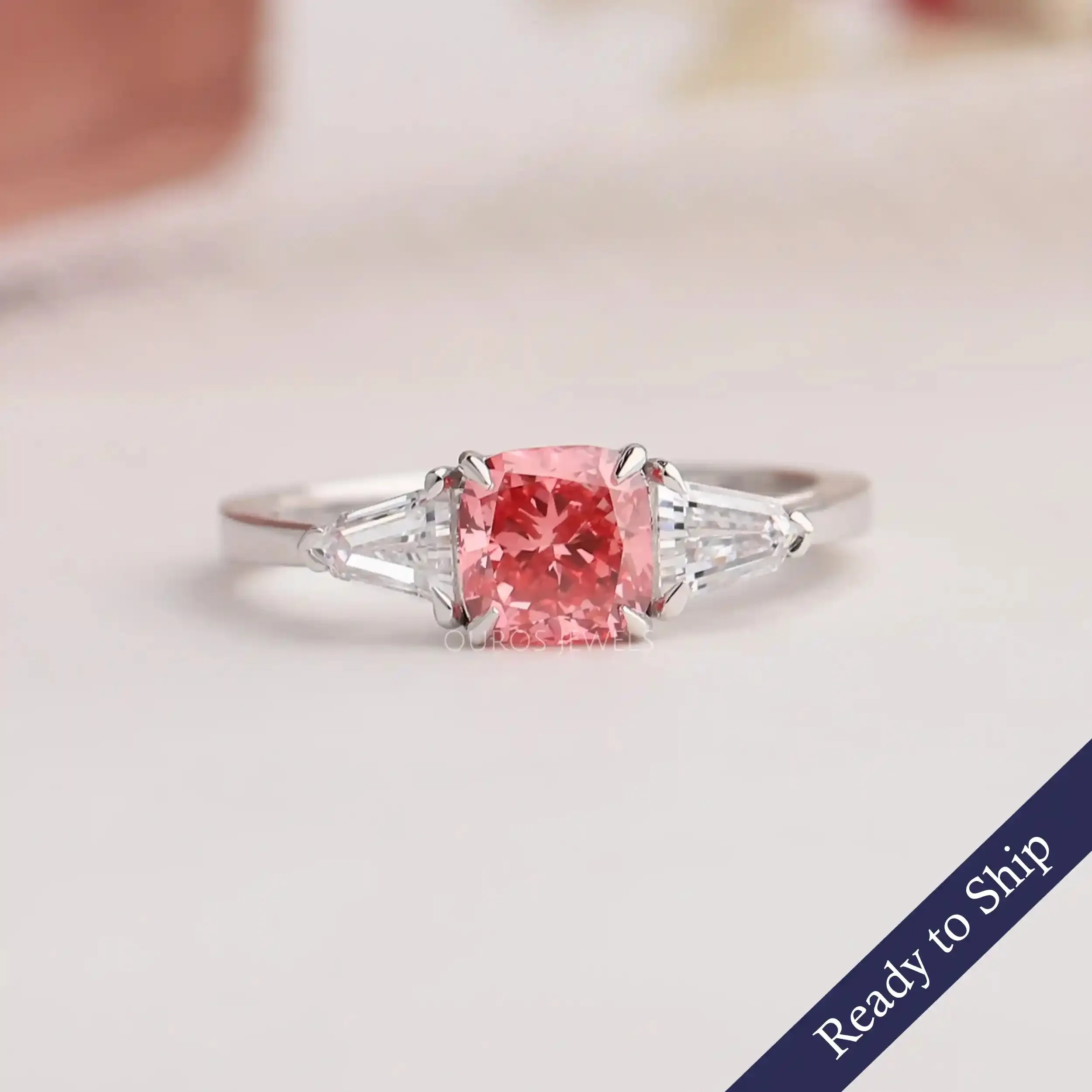 1.10 Carat Three Stone Pink Cushion Cut Engagement Ring