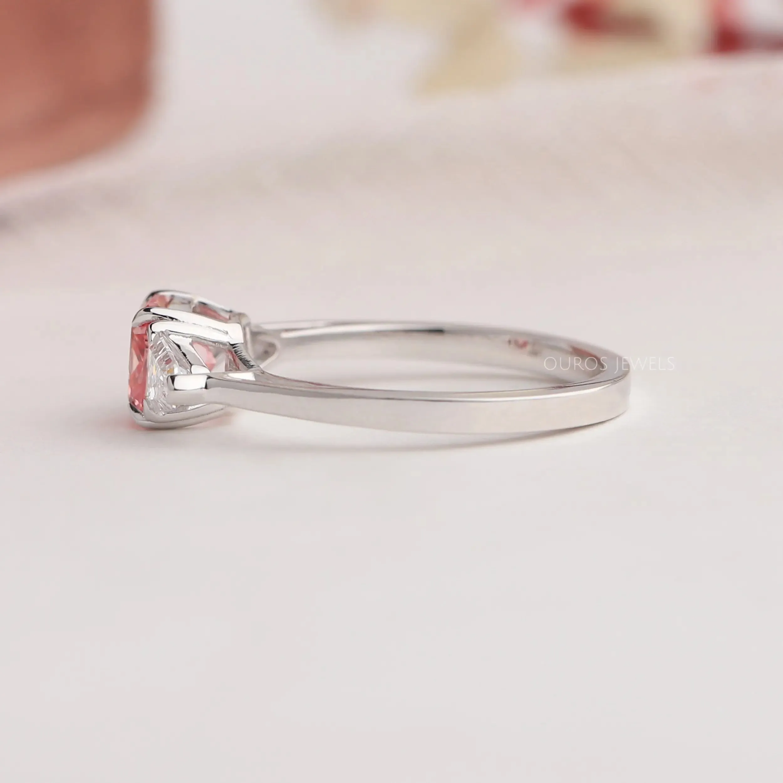 1.10 Carat Three Stone Pink Cushion Cut Engagement Ring