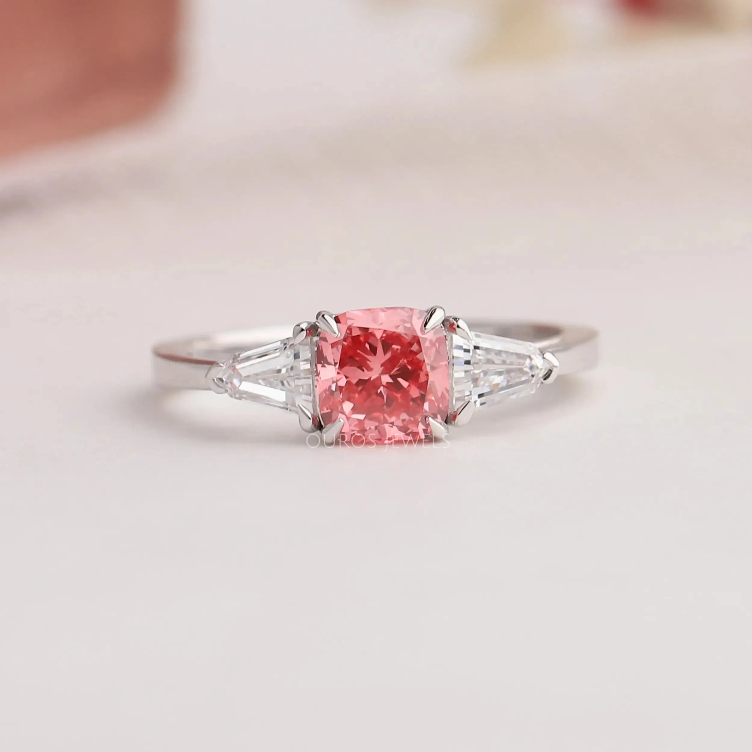 1.10 Carat Three Stone Pink Cushion Cut Engagement Ring