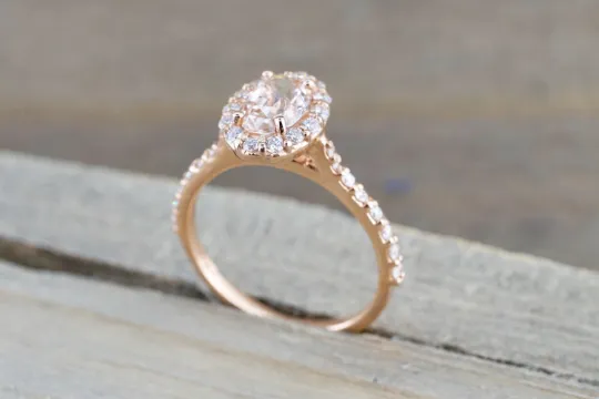 14k Rose Gold Diamond Pink Peach Sapphire Halo Engagement Ring