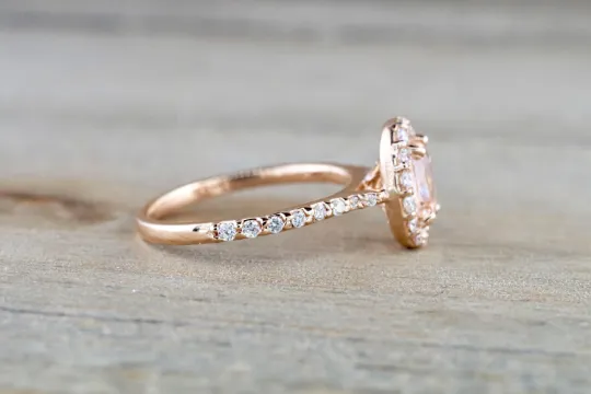 14k Rose Gold Diamond Pink Peach Sapphire Halo Engagement Ring