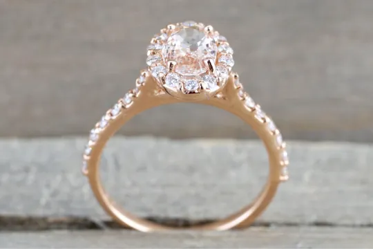 14k Rose Gold Diamond Pink Peach Sapphire Halo Engagement Ring