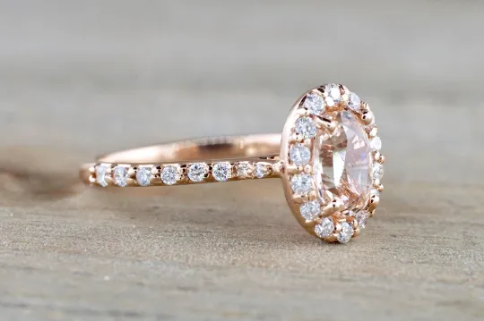 14k Rose Gold Diamond Pink Peach Sapphire Halo Engagement Ring