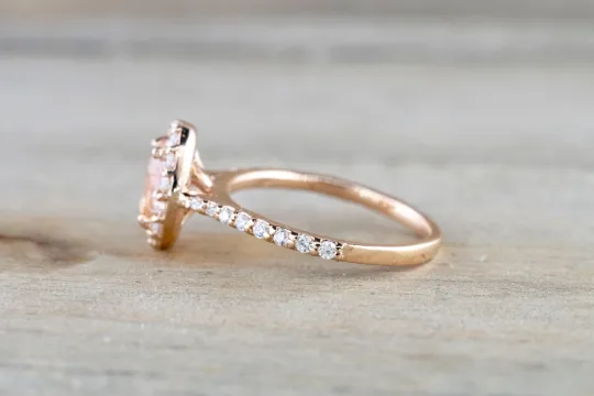 14k Rose Gold Diamond Pink Peach Sapphire Halo Engagement Ring