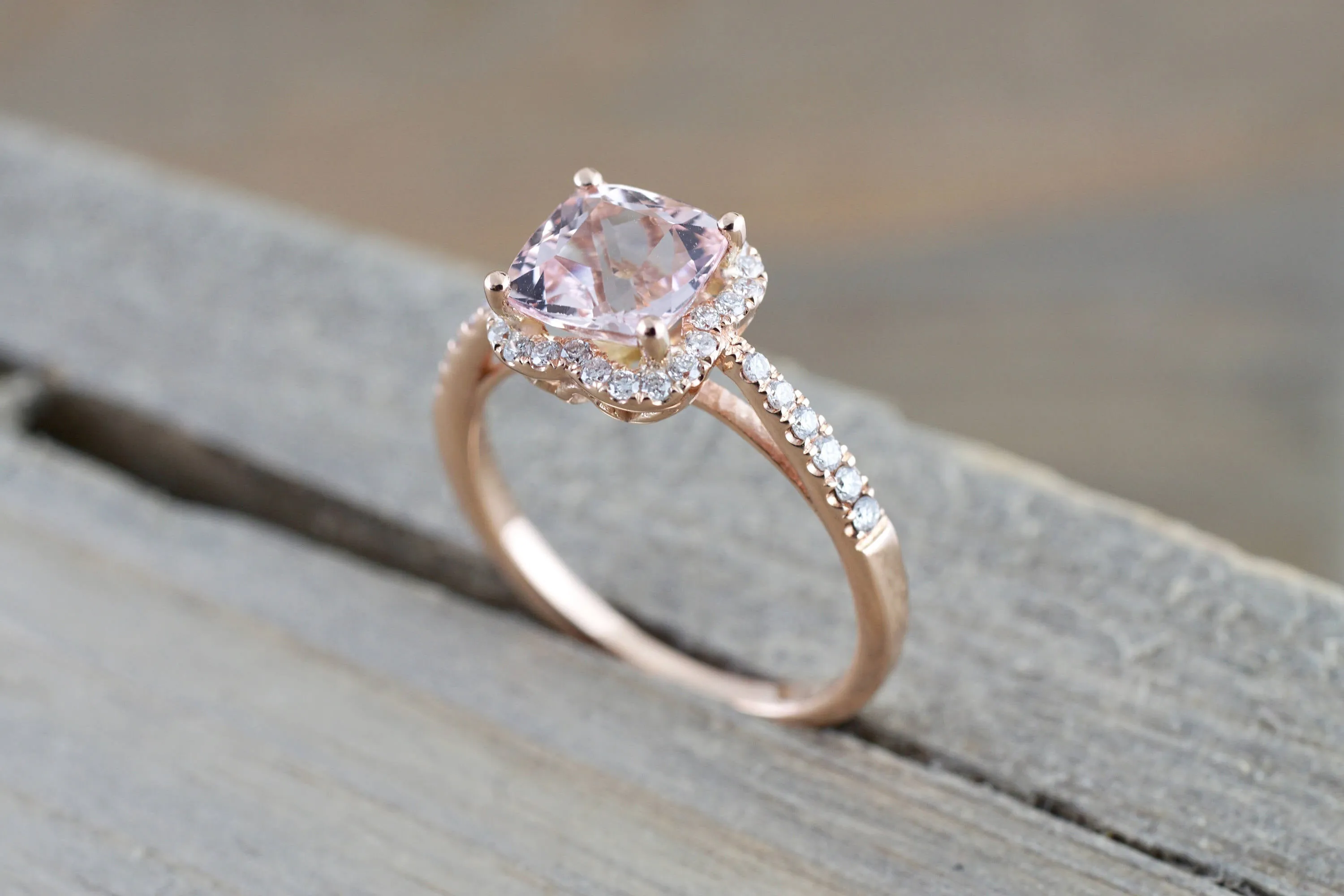 14k Rose Gold Morganite Flower Clover Diamond Halo Engagement Promise Ring Pink Peach