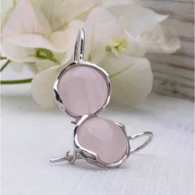 14K White Gold Round Pink Rose Quartz 12mm Dangle Earrings