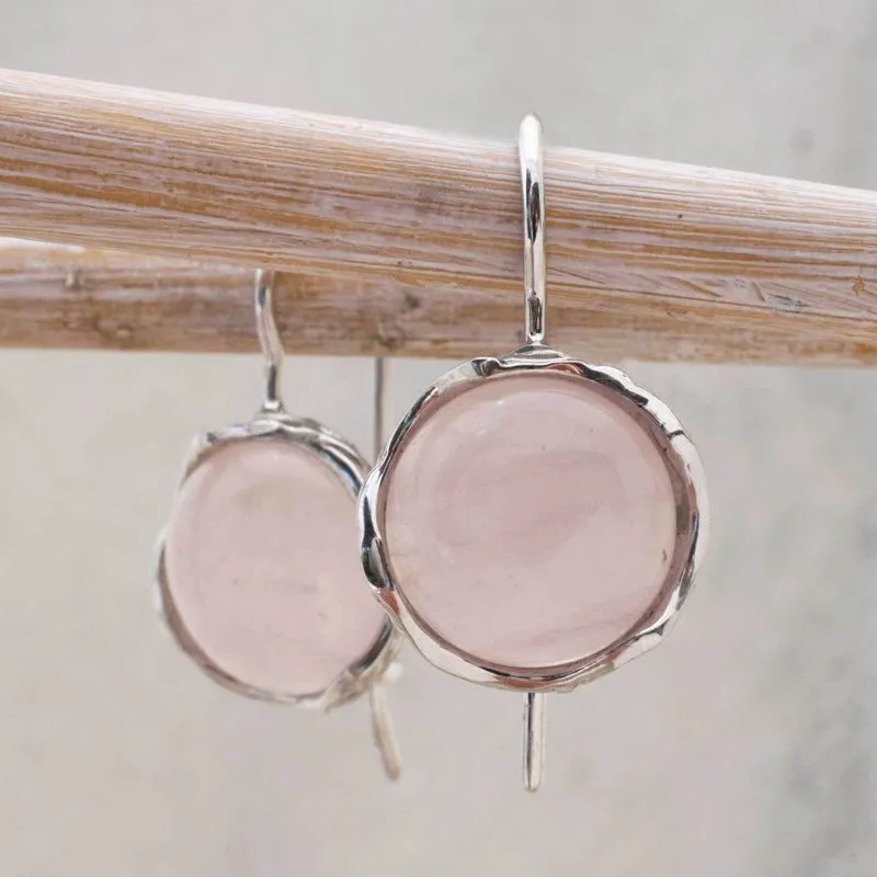 14K White Gold Round Pink Rose Quartz 12mm Dangle Earrings