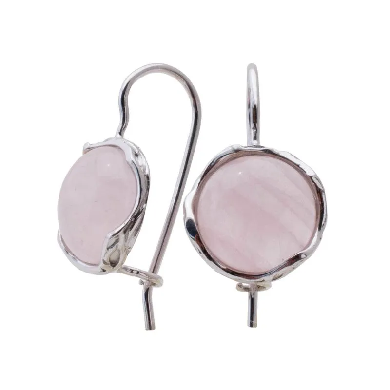 14K White Gold Round Pink Rose Quartz 12mm Dangle Earrings