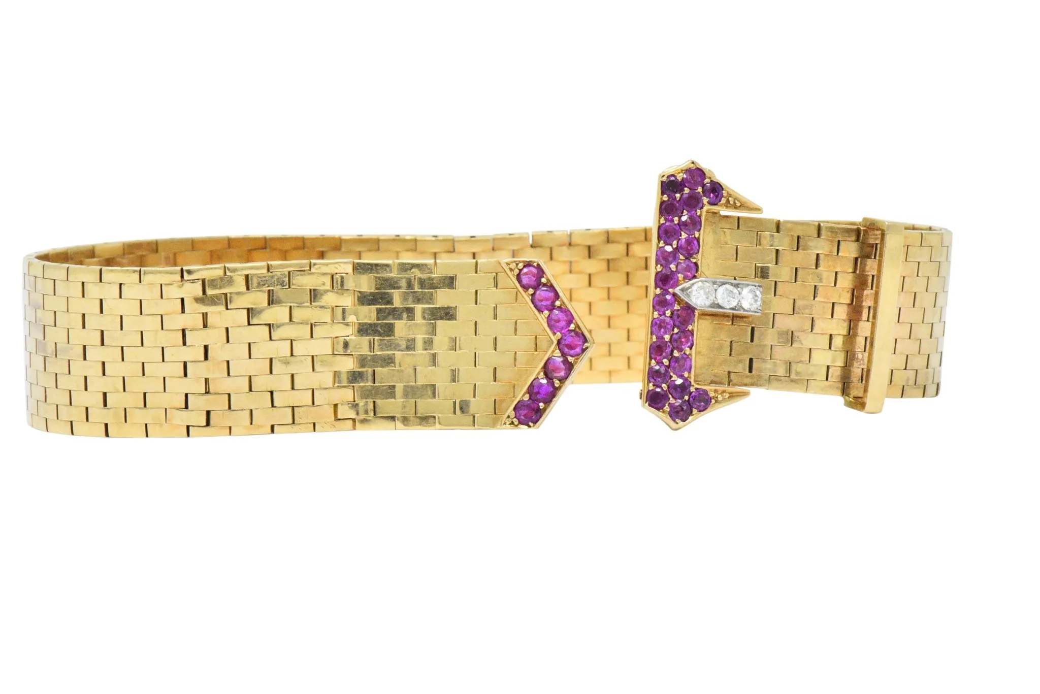 1940's Retro 1.37 CTW Ruby Diamond 14 Karat Gold Jarretière Buckle Link Bracelet