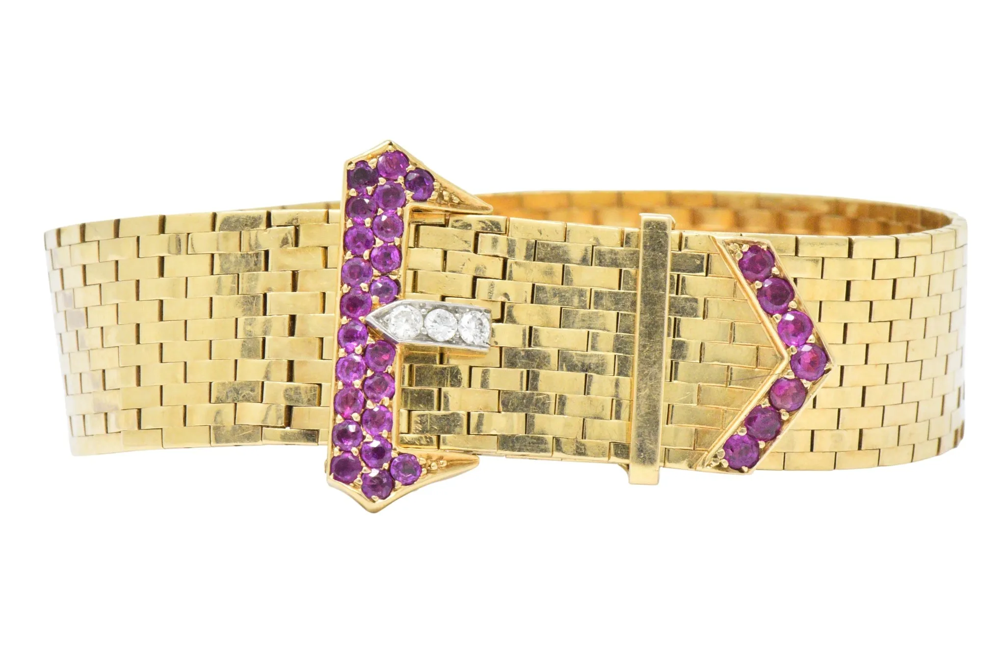 1940's Retro 1.37 CTW Ruby Diamond 14 Karat Gold Jarretière Buckle Link Bracelet