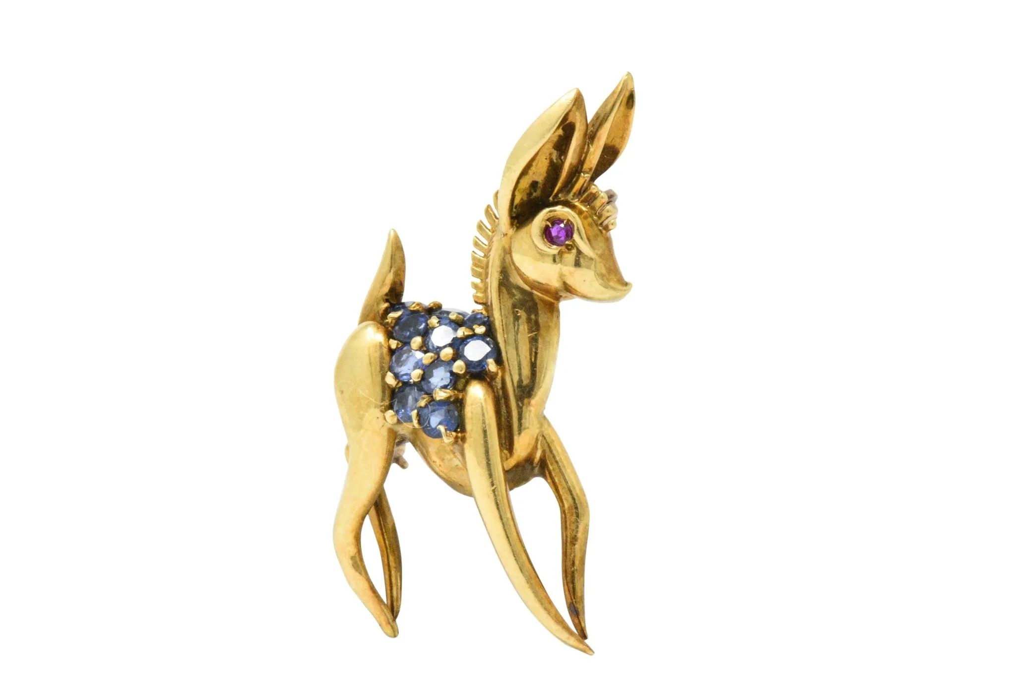 1950's .90CTW Sapphire, Ruby & 18K Gold Deer/Doe Brooch