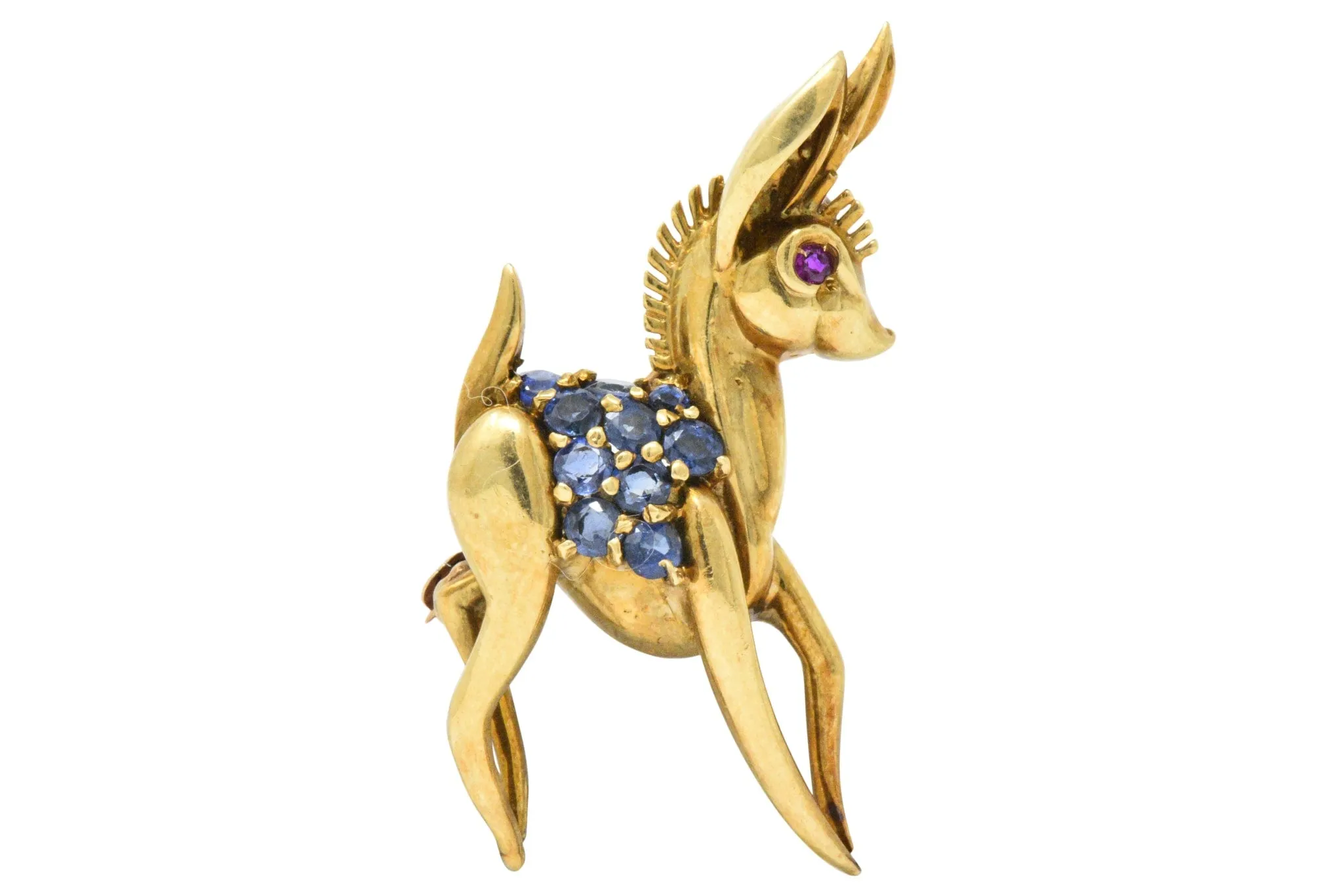 1950's .90CTW Sapphire, Ruby & 18K Gold Deer/Doe Brooch