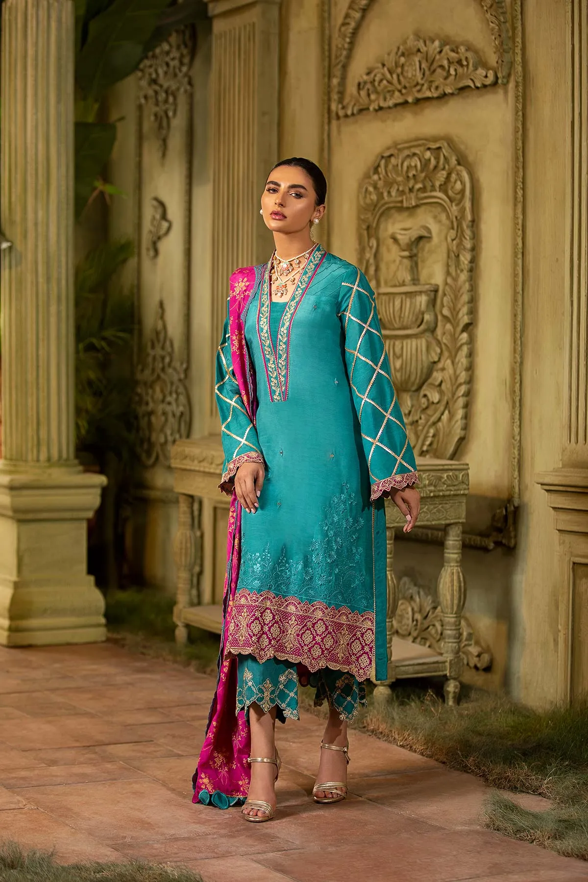 3 Pc Embroidered Silk Suit OMT21-46