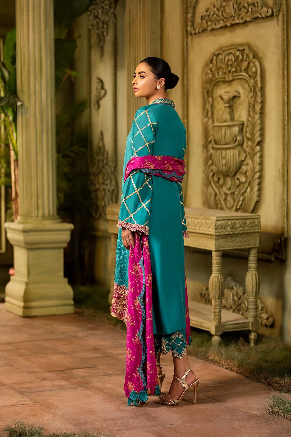 3 Pc Embroidered Silk Suit OMT21-46