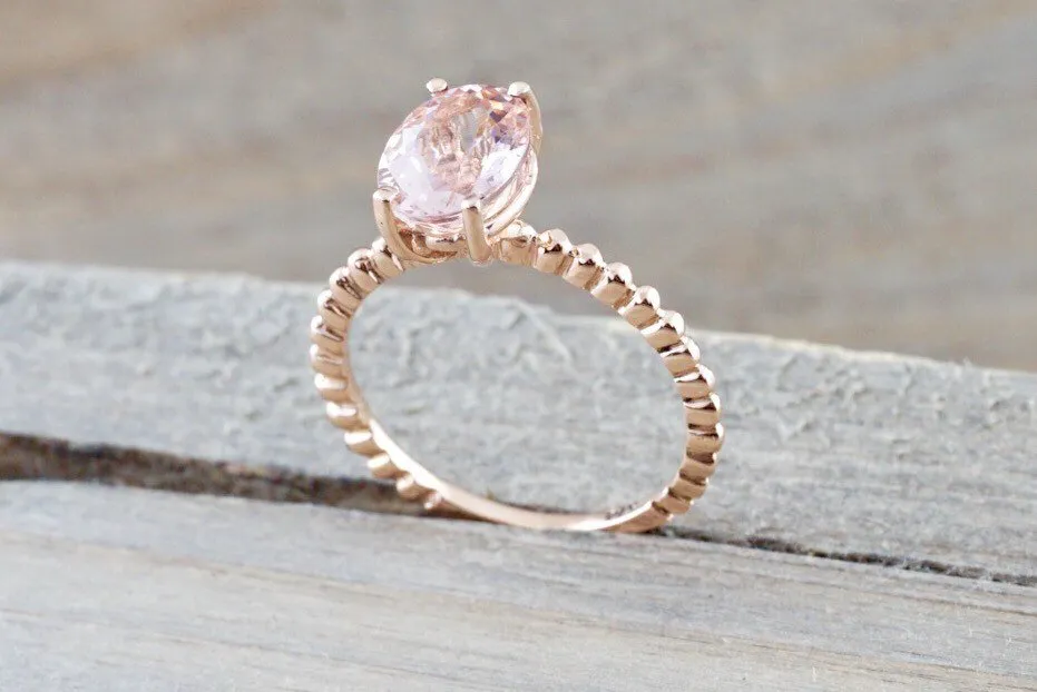 9x7mm 14k Rose Gold Elongated Oval Cut Pink Peach Morganite Prong Engagement Promise Ring Rope