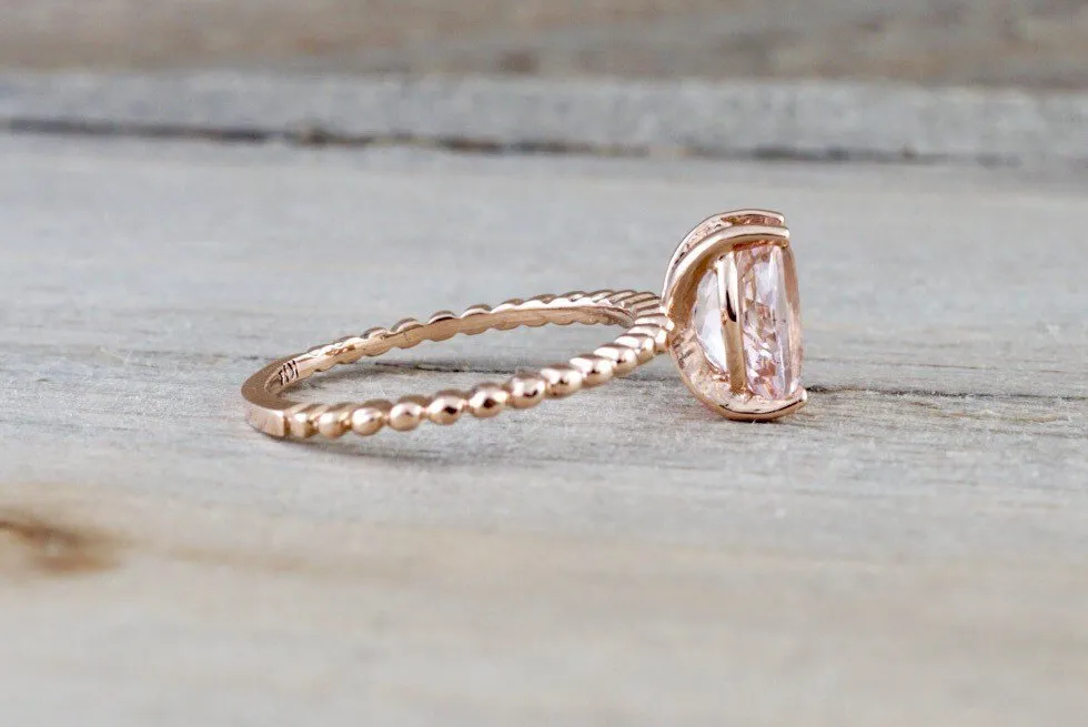 9x7mm 14k Rose Gold Elongated Oval Cut Pink Peach Morganite Prong Engagement Promise Ring Rope