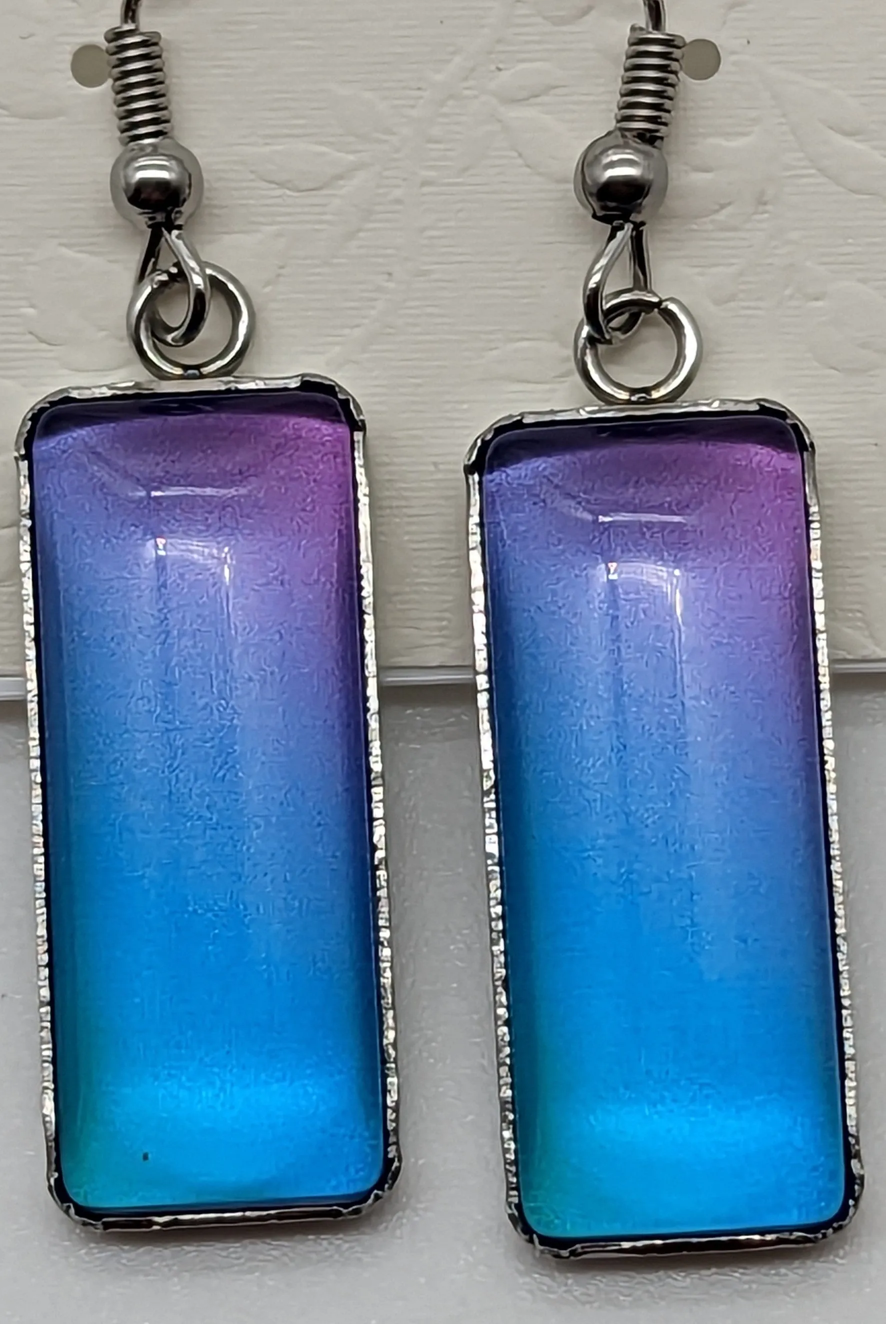 Abstract Rainbow Cabochon Rectangle earrings Purple/Blue