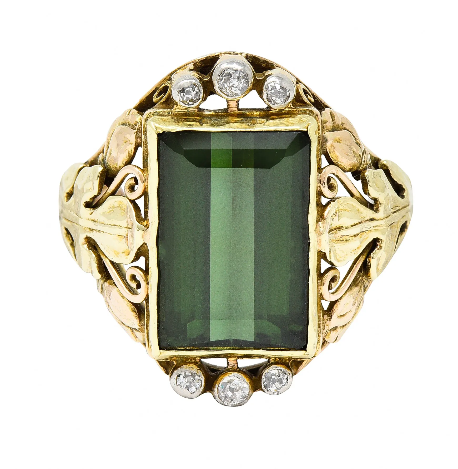 Arts & Crafts Green Tourmaline Diamond 14 Karat Tri-Colored Gold Unisex Foliate Ring