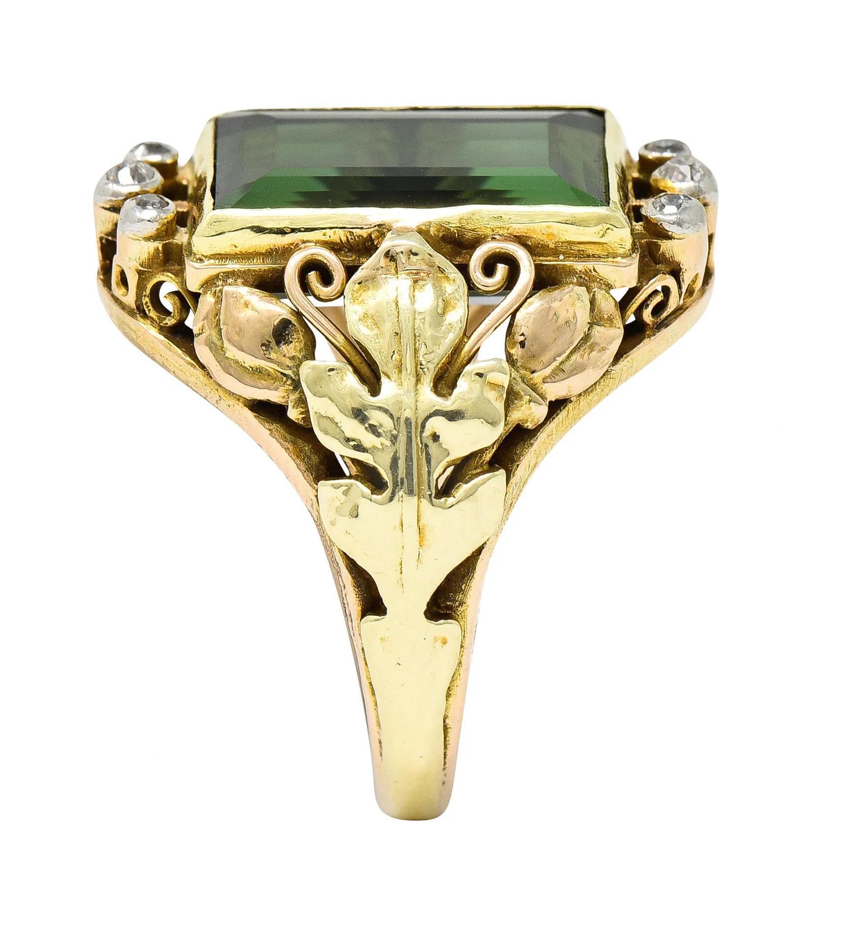 Arts & Crafts Green Tourmaline Diamond 14 Karat Tri-Colored Gold Unisex Foliate Ring