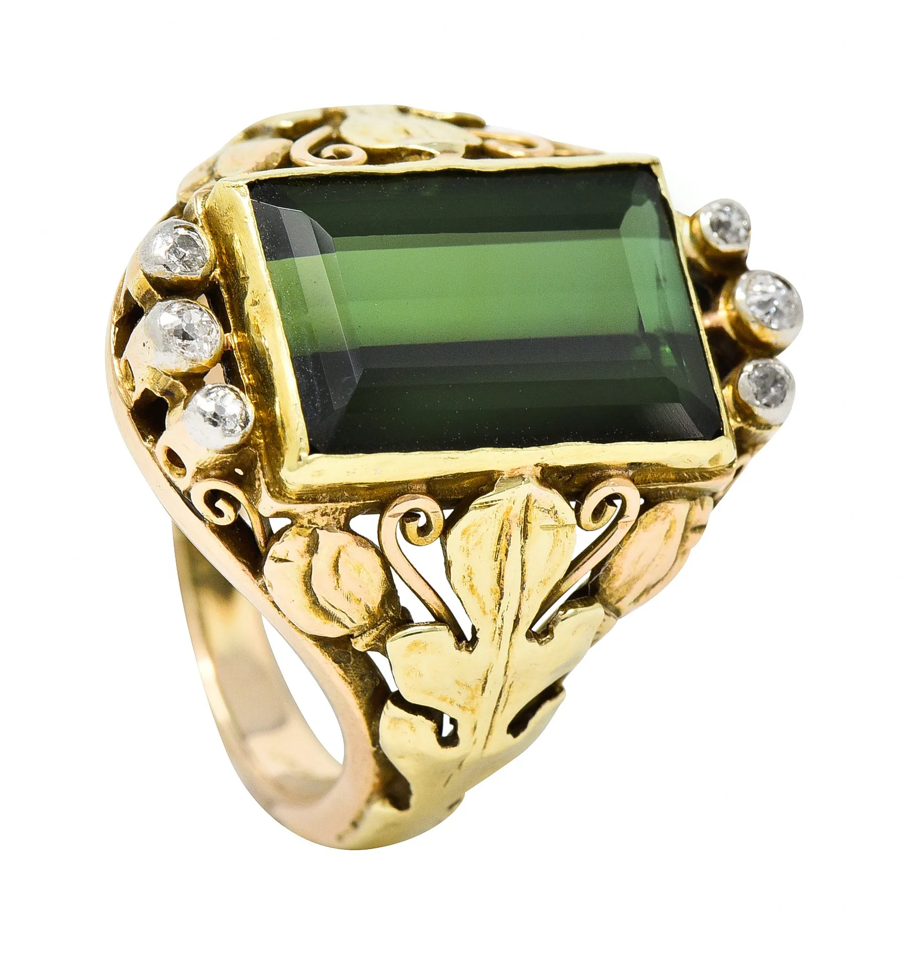 Arts & Crafts Green Tourmaline Diamond 14 Karat Tri-Colored Gold Unisex Foliate Ring