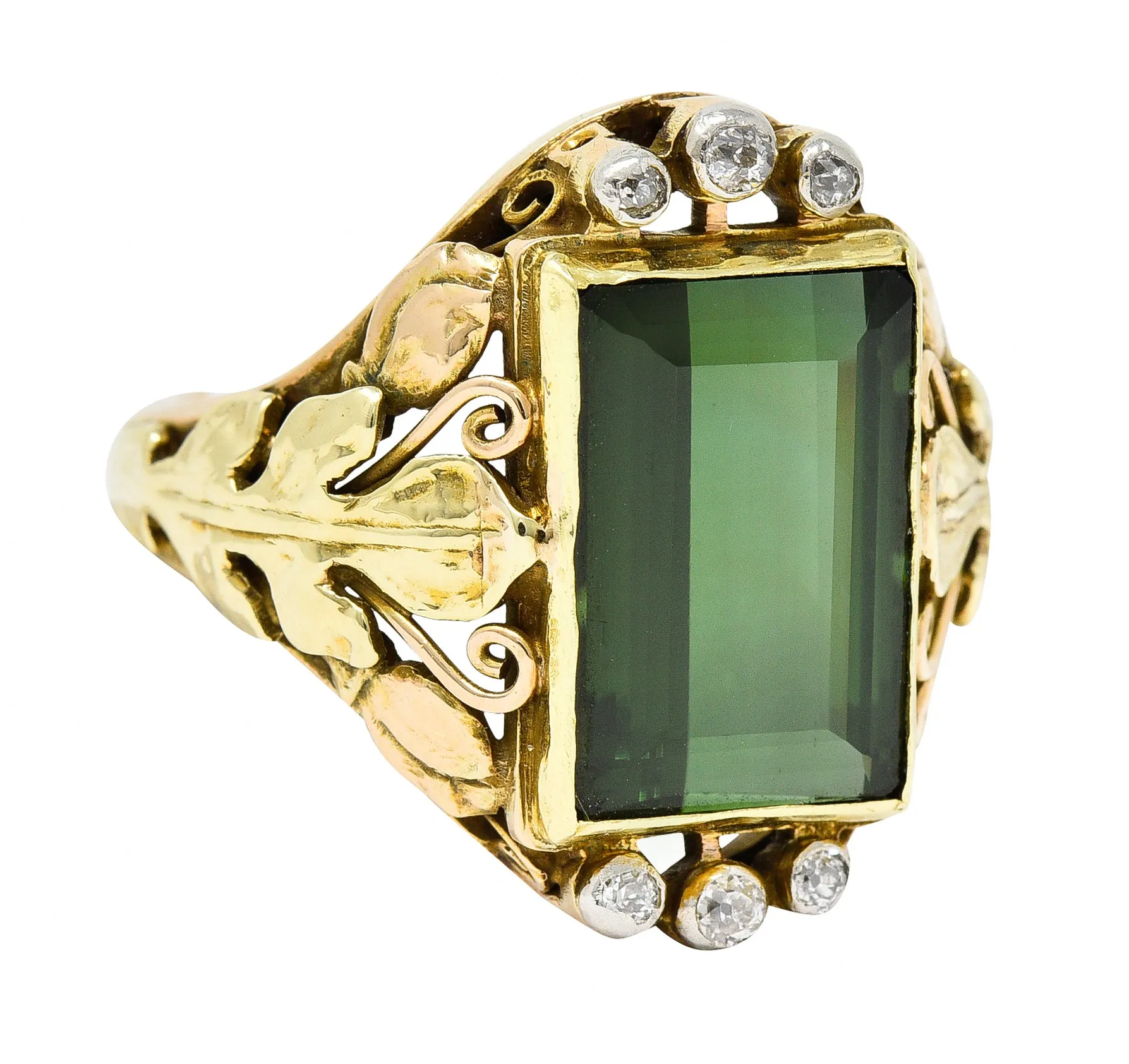 Arts & Crafts Green Tourmaline Diamond 14 Karat Tri-Colored Gold Unisex Foliate Ring