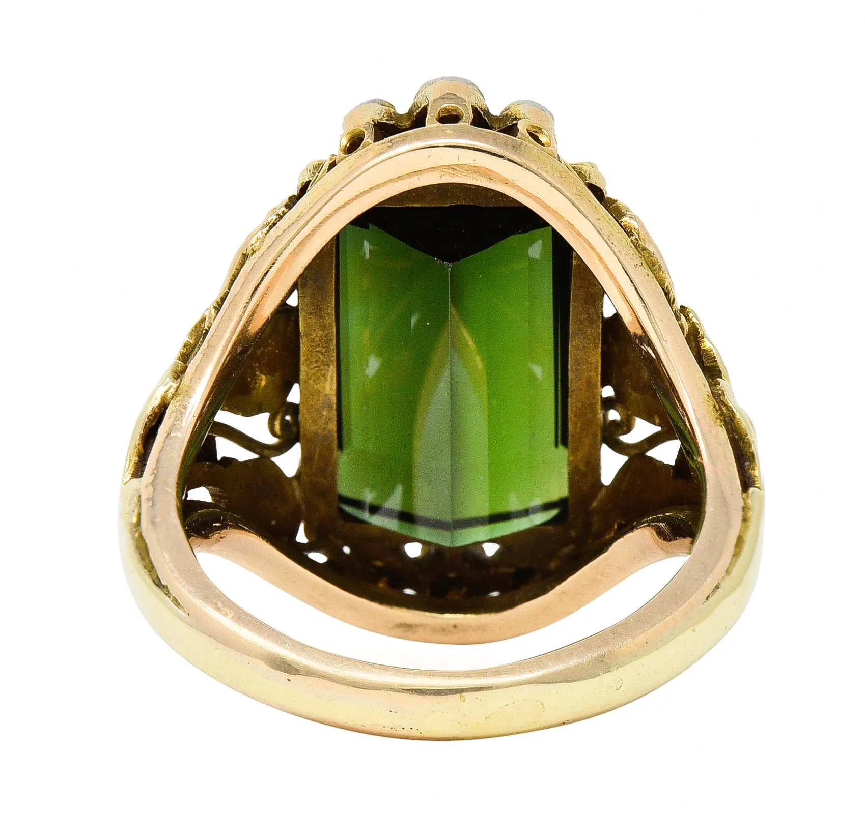 Arts & Crafts Green Tourmaline Diamond 14 Karat Tri-Colored Gold Unisex Foliate Ring