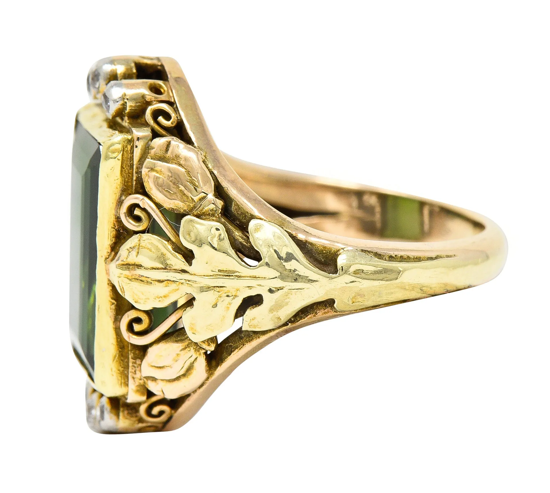 Arts & Crafts Green Tourmaline Diamond 14 Karat Tri-Colored Gold Unisex Foliate Ring