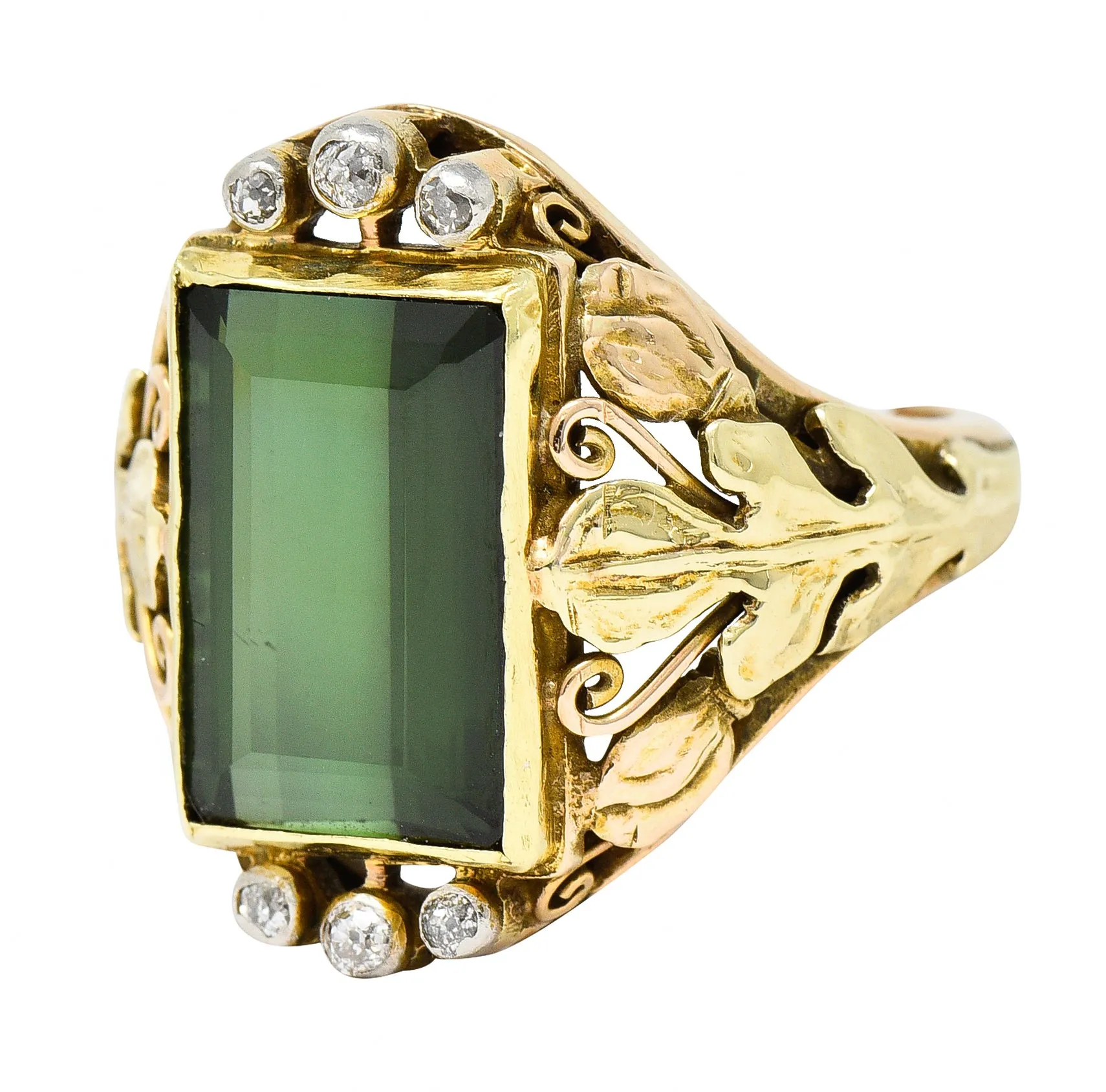 Arts & Crafts Green Tourmaline Diamond 14 Karat Tri-Colored Gold Unisex Foliate Ring