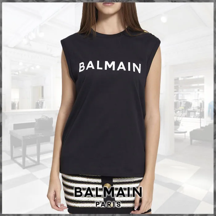 BALMAIN  |Crew Neck Sleeveless Street Style Cotton Logo