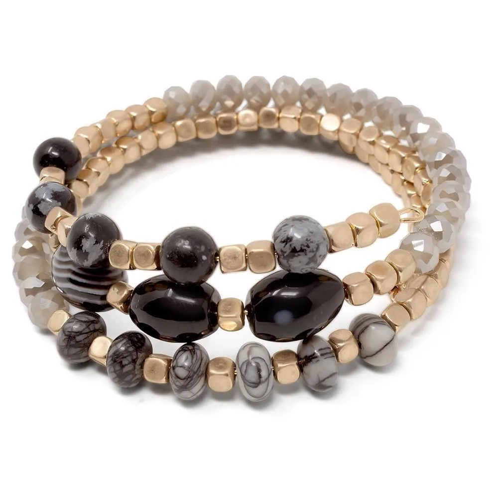 Black Glass Bead Wrap Bracelet with Oval Stone Gold Tone