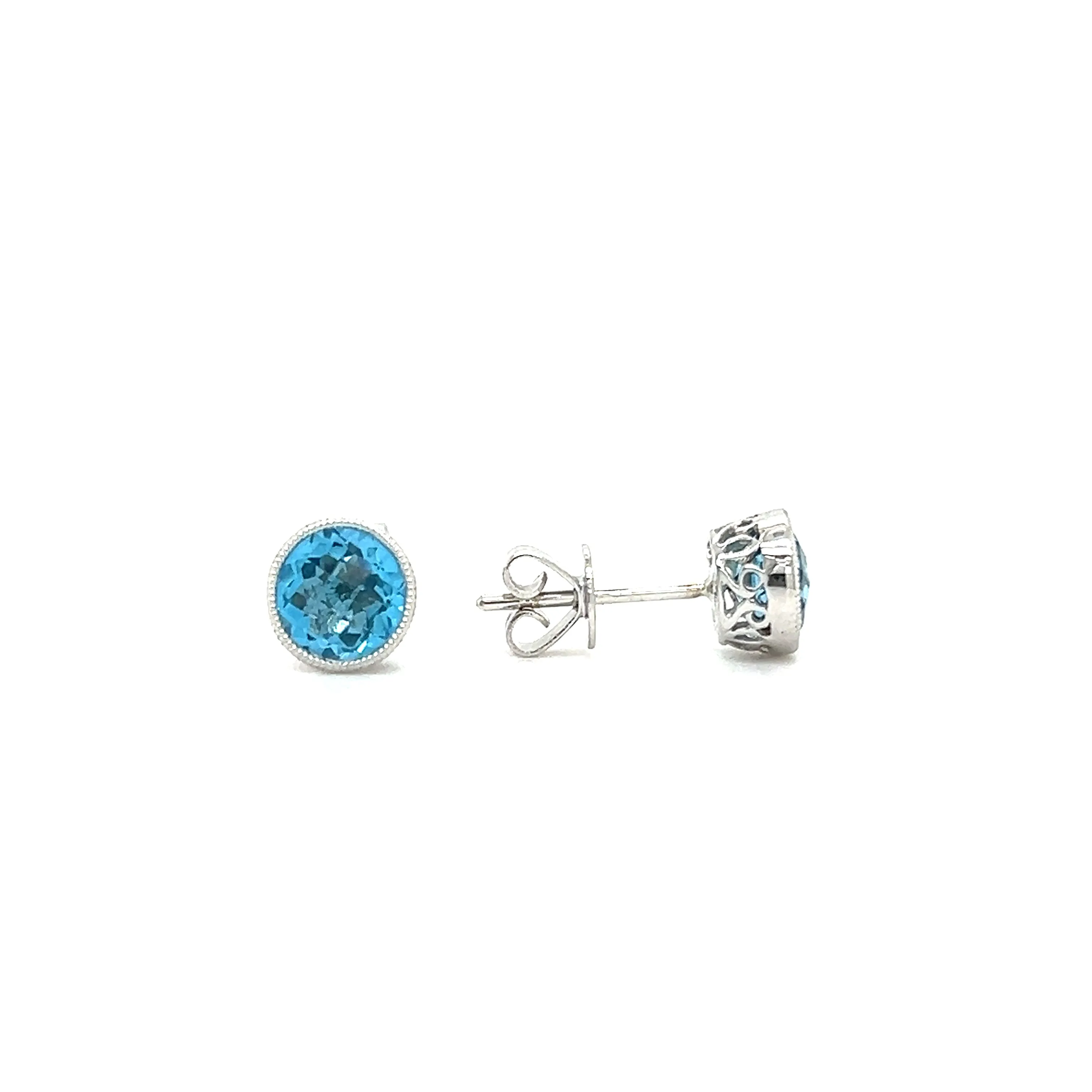 Blue Topaz Stud Earrings with Filigree and Milgrain Details in 14K White Gold