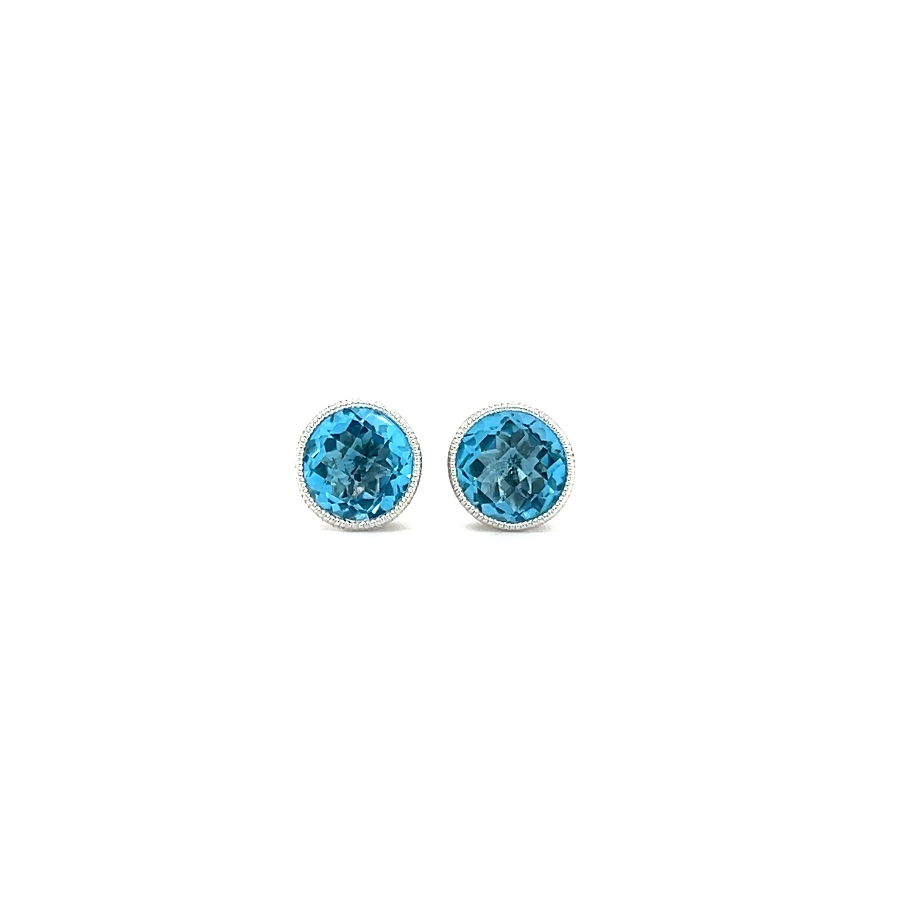 Blue Topaz Stud Earrings with Filigree and Milgrain Details in 14K White Gold