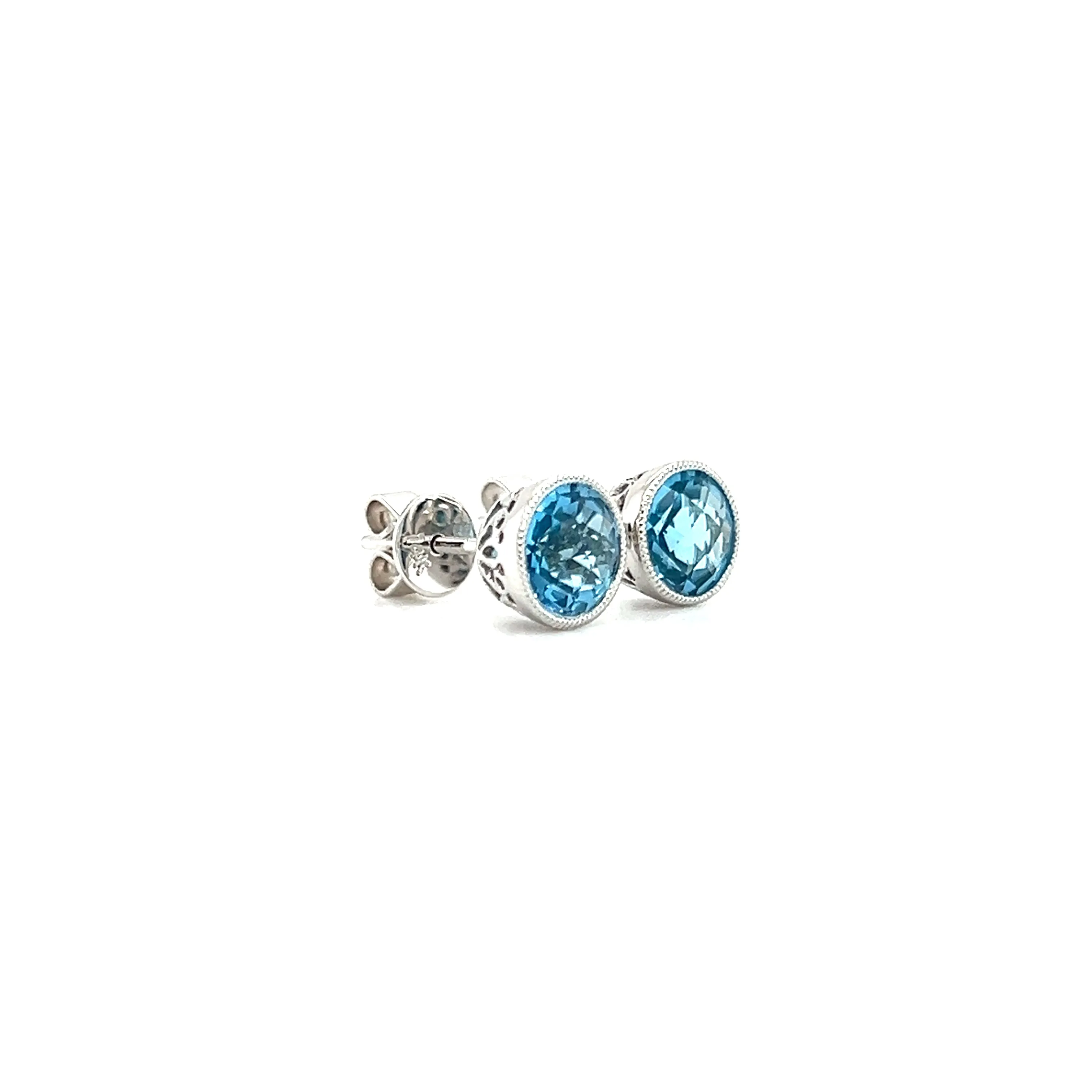 Blue Topaz Stud Earrings with Filigree and Milgrain Details in 14K White Gold