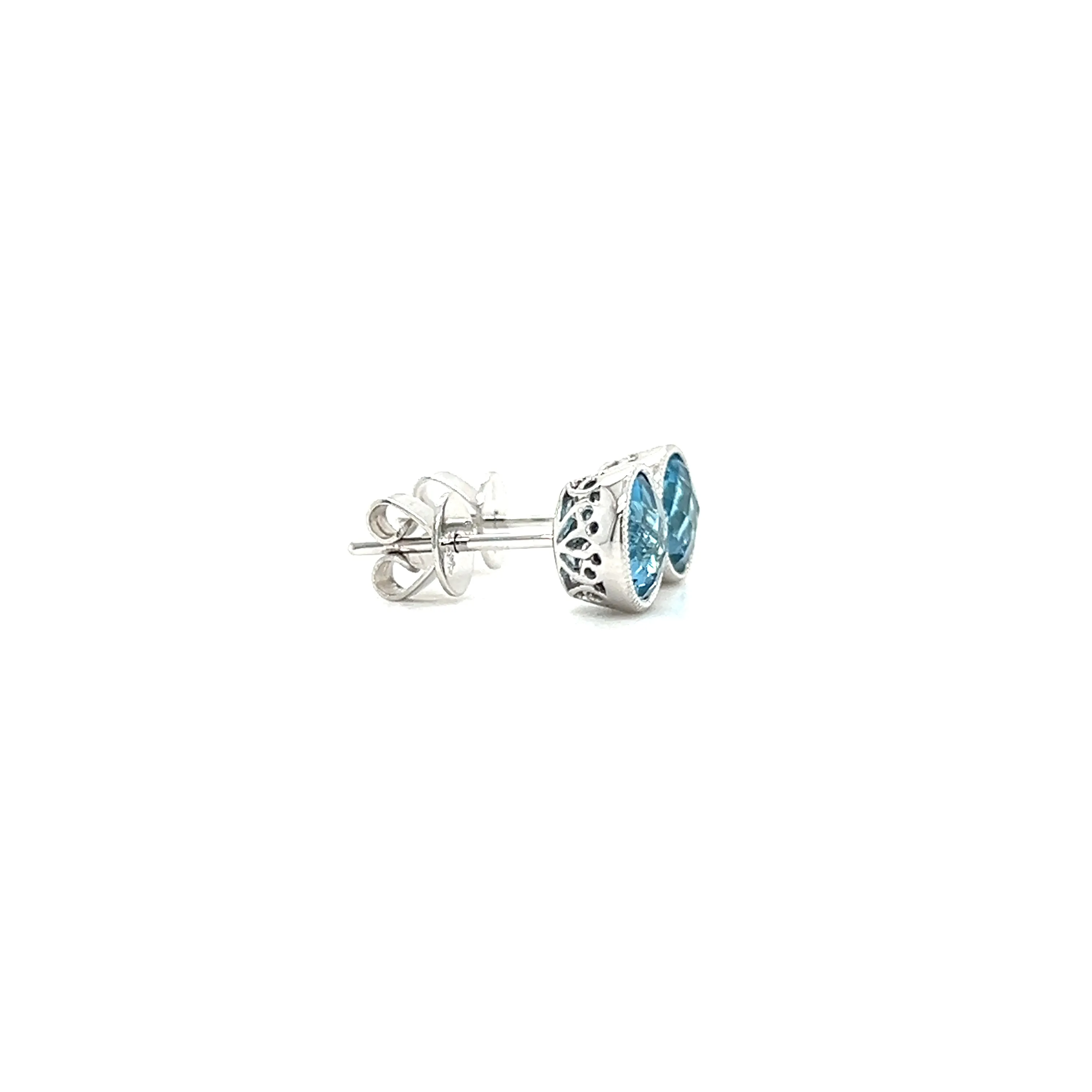 Blue Topaz Stud Earrings with Filigree and Milgrain Details in 14K White Gold