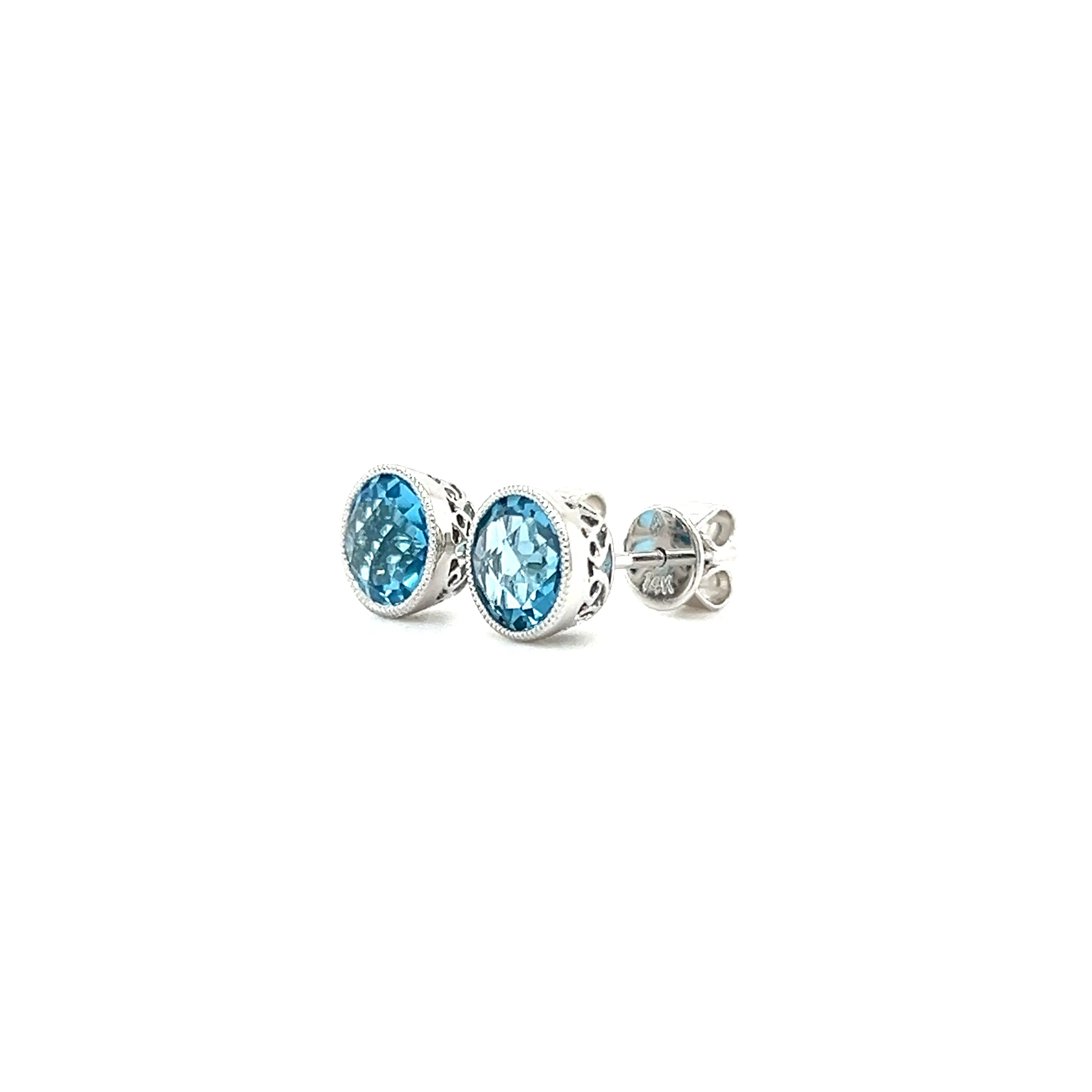 Blue Topaz Stud Earrings with Filigree and Milgrain Details in 14K White Gold