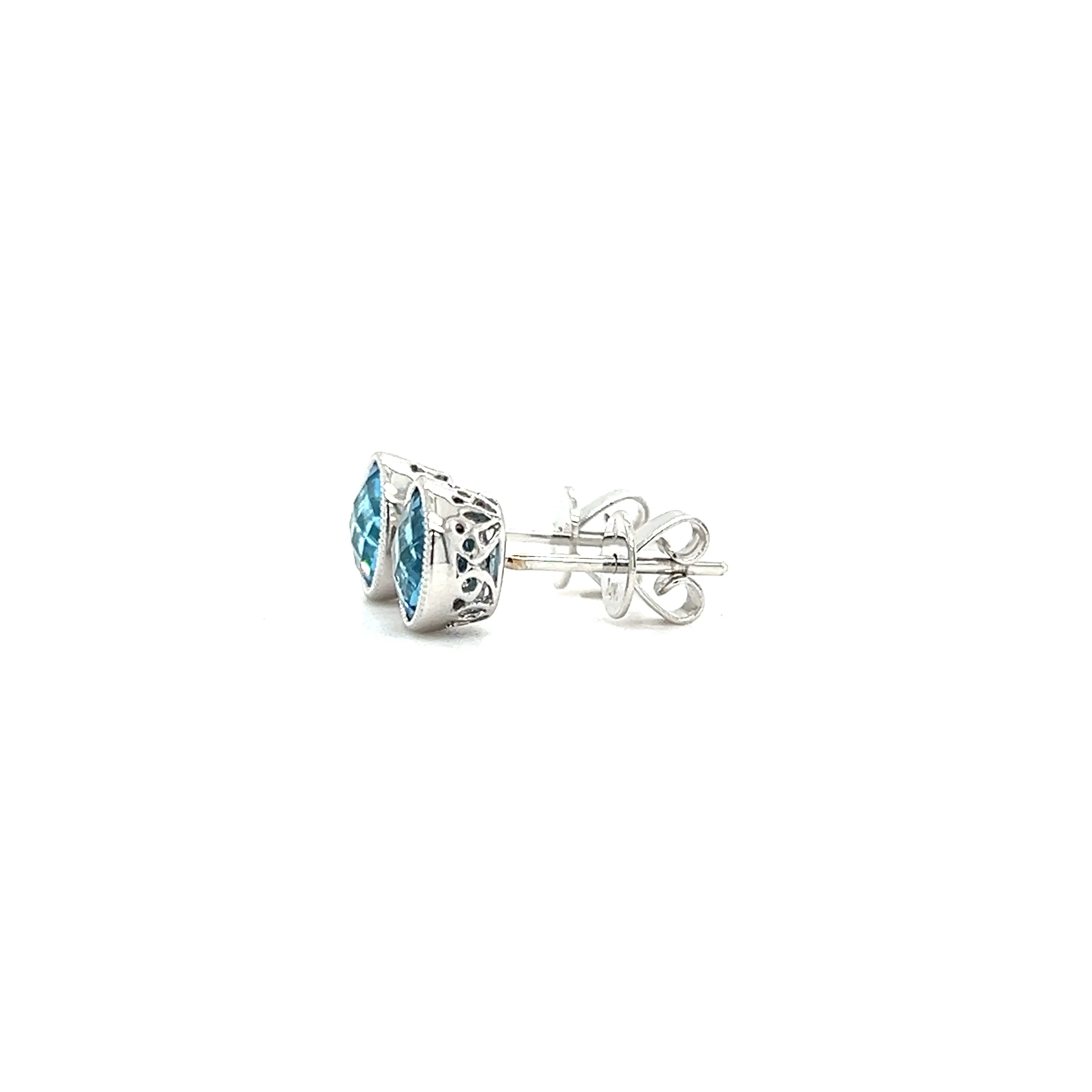 Blue Topaz Stud Earrings with Filigree and Milgrain Details in 14K White Gold