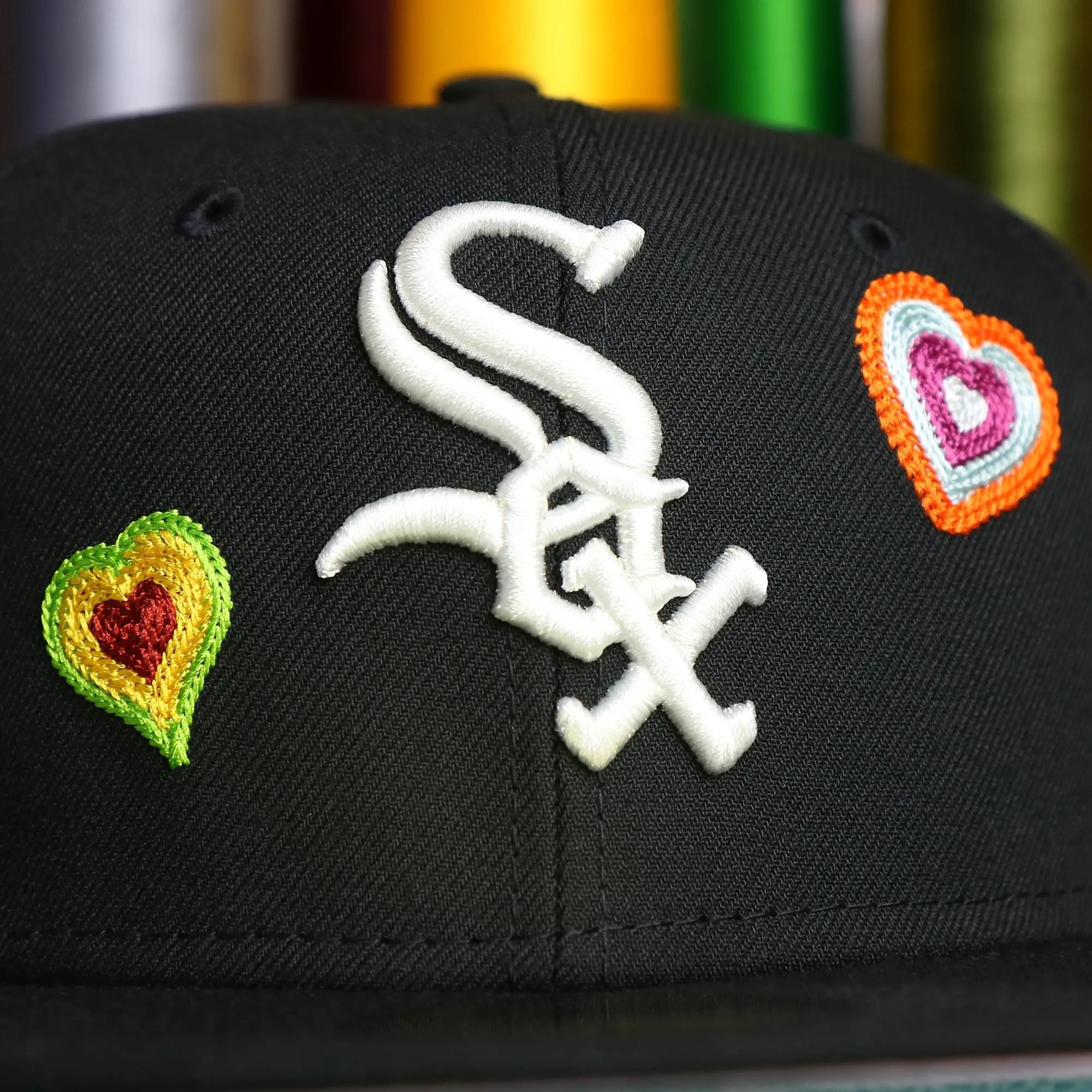 Chicago White Sox All Over Embroidered Chain Stitch Heart Pink Bottom 59Fifty Fitted Cap | Black 59Fifty Cap