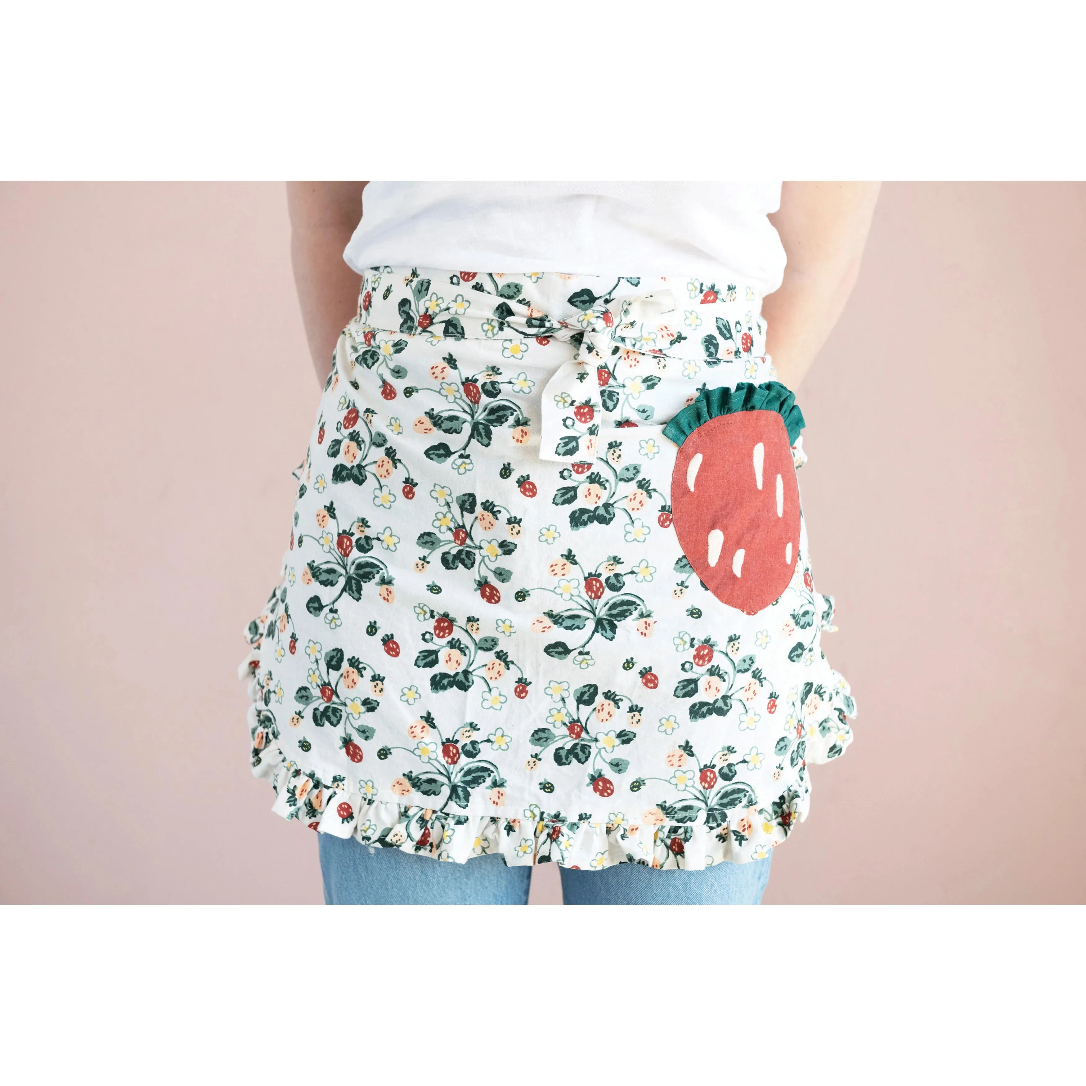 Cotton Half Apron with Strawberry-Shaped Pocket