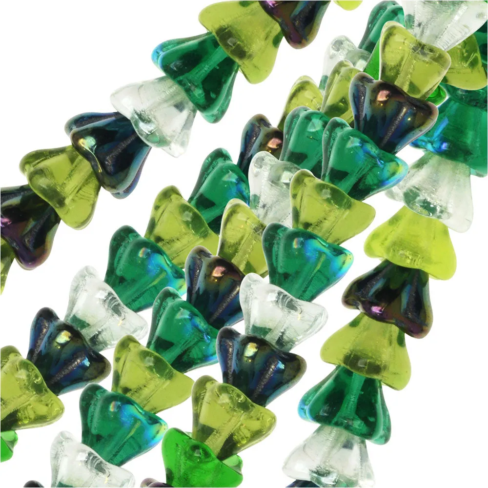 Czech Glass Beads, Flower 6x8mm, Evergreen Mix (50 Pieces)