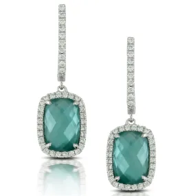 Doves Cypress Grove Green Quartz, Mother of Pearl, & Agate Cushion Shape Dangle Earrings with Diamond Halo