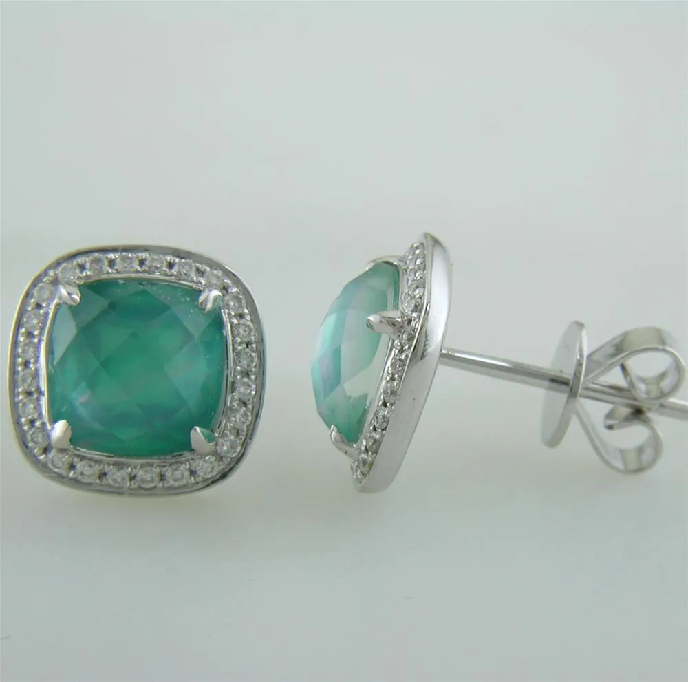 Doves Cypress Grove Green Quartz, Mother of Pearl, & Agate Cushion Shape Stud Earrings with Diamond Halo