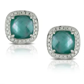 Doves Cypress Grove Green Quartz, Mother of Pearl, & Agate Cushion Shape Stud Earrings with Diamond Halo