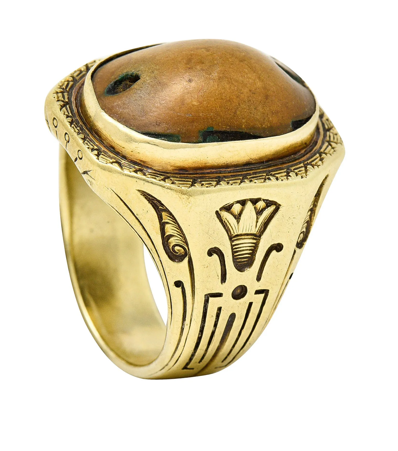 Egyptian Revival Hardstone 14 Karat Gold Unisex Scarab Ring