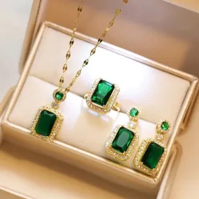 Fashion and Exquisite Rectangular Green Jewelry Necklace Earrings Ring S4405022