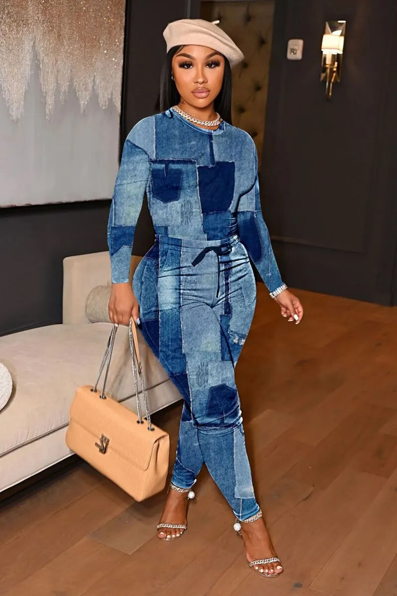 Faux Denim Print Two Piece Pants Suit