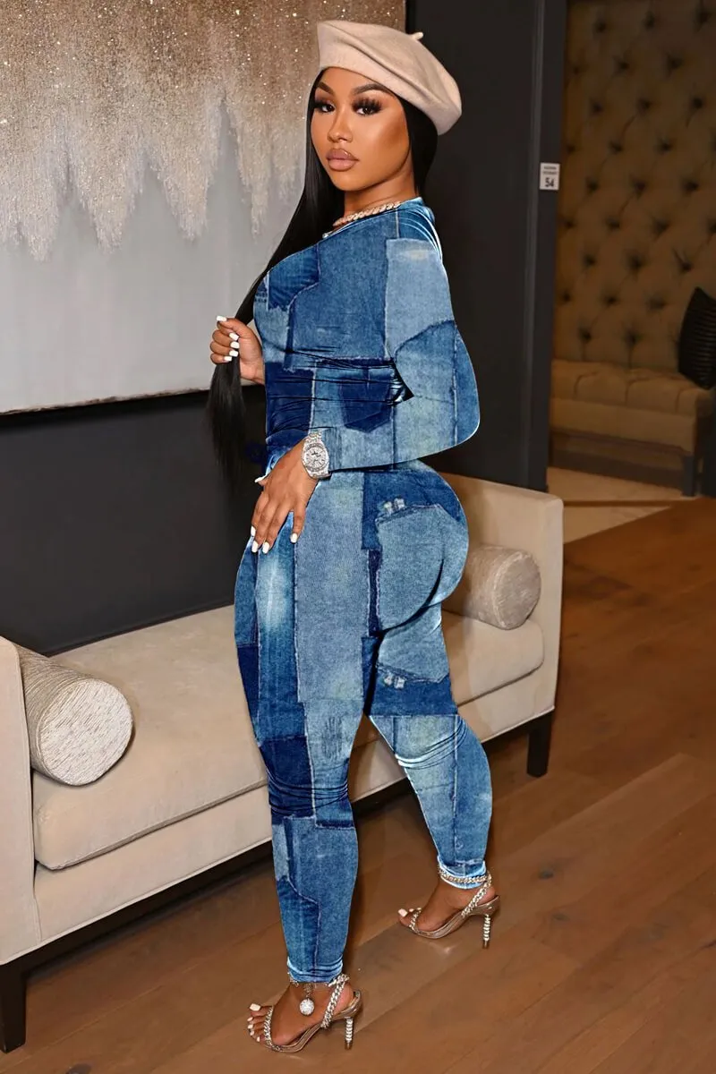 Faux Denim Print Two Piece Pants Suit