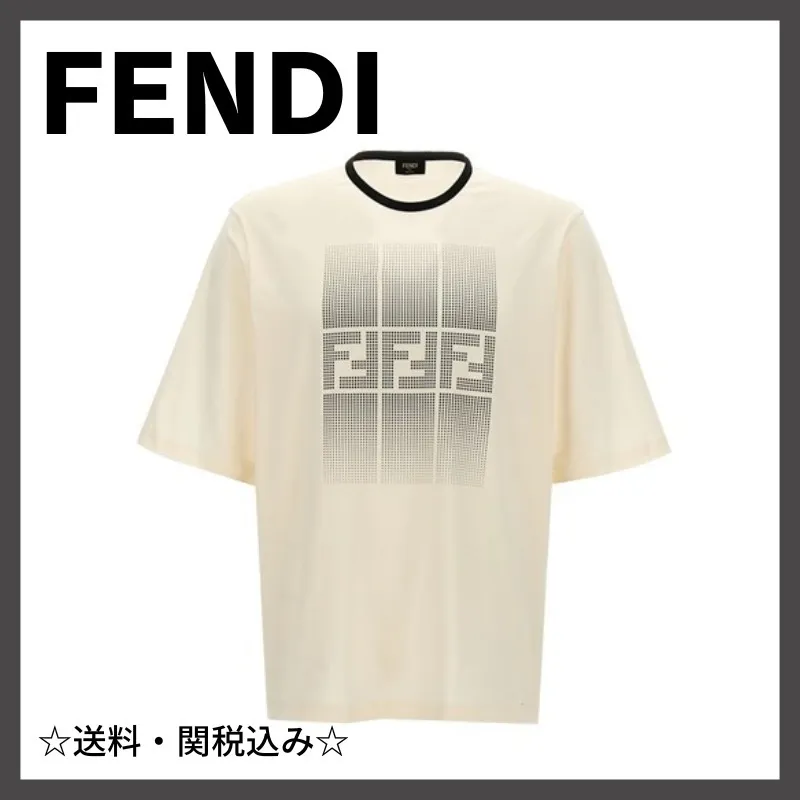 FENDI  |Crew Neck Bi-color Cotton Short Sleeves Logo Luxury